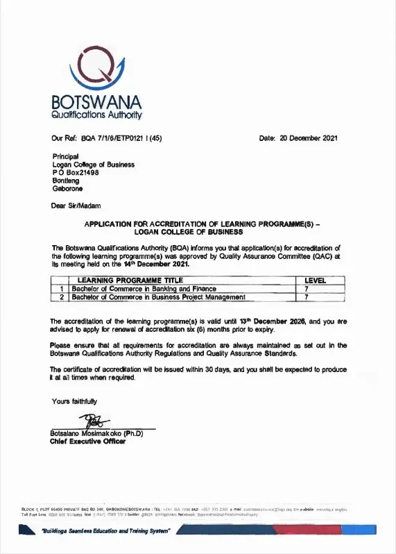BCom Banking and Finance – BQA NCQF Accreditation Letter