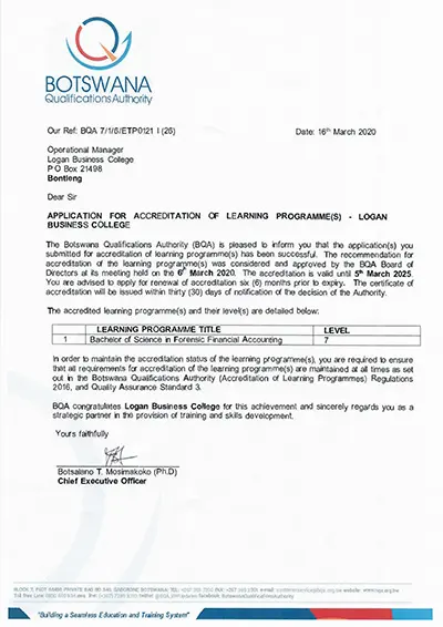 BSc Forensic Fin. Accounting – BQA NCQF Accreditation Letter