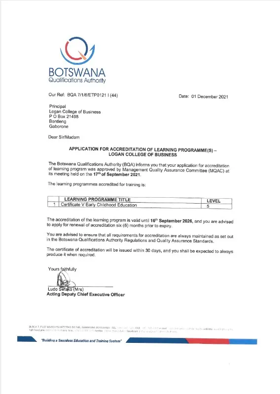 Cert. in Early Childhood Education – BQA NCQF Accreditation Letter