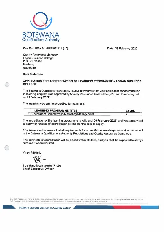 BCom Marketing Management – BQA NCQF Accreditation Letter