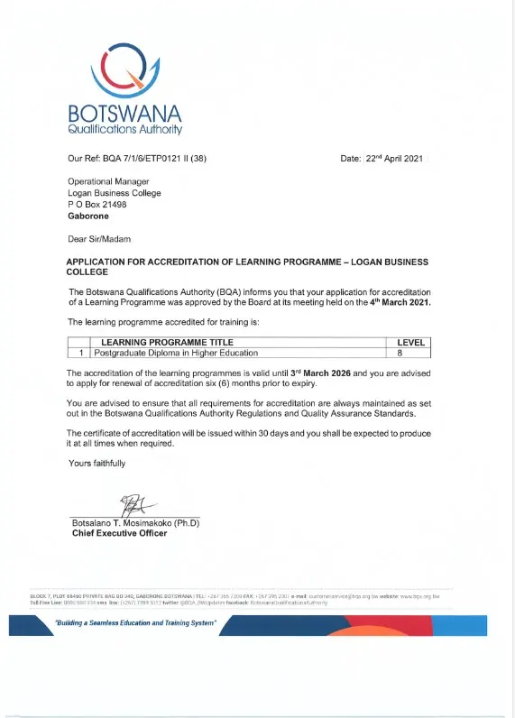 PG Diploma in Higher Education – BQA NCQF Accreditation Letter